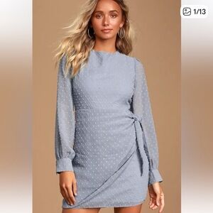 Lulus Much Love Light Blue Swiss Dot Long Sleeve Tie-Front Mini Dress Medium NEW